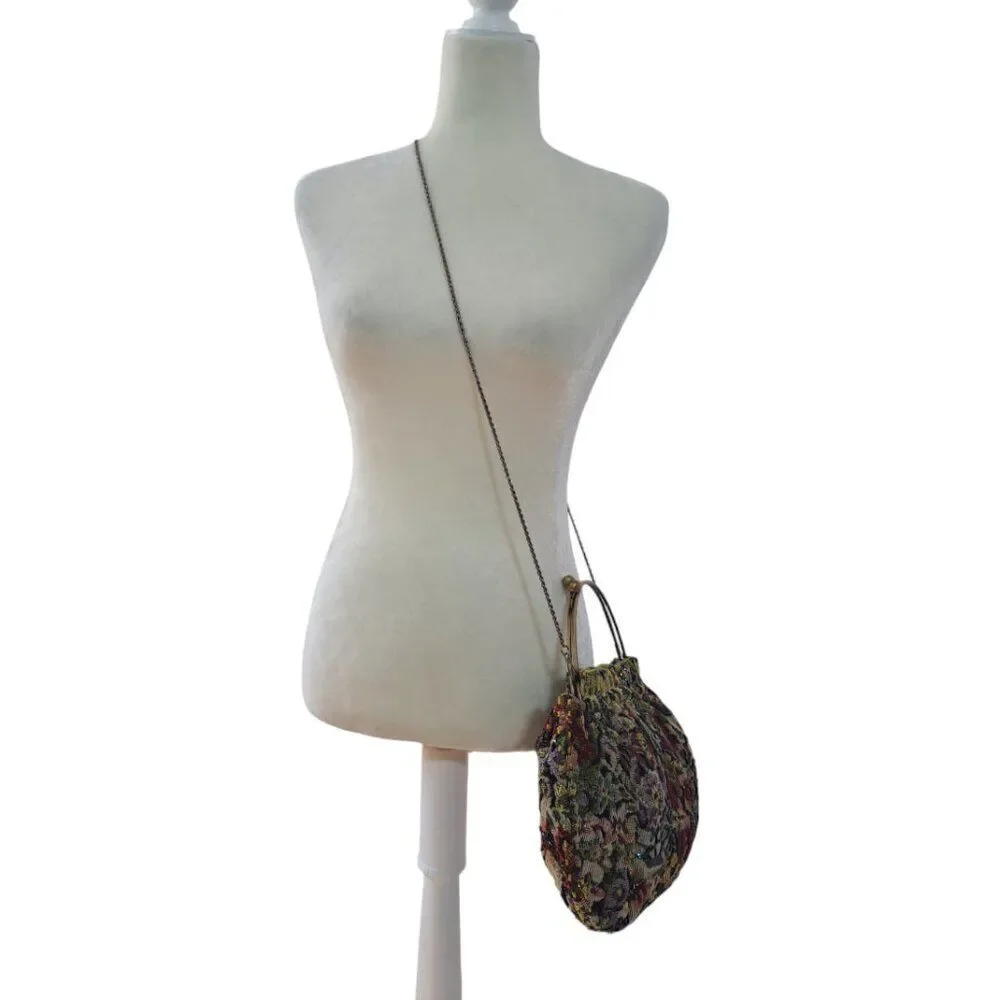 Women's Vintage Tapestry Beaded Floral Multi Color Bag Purse Kiss Lock